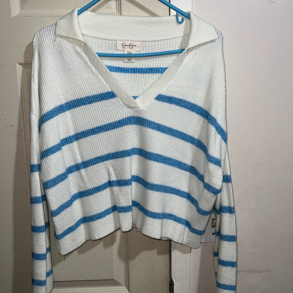 White and Blue Striped V-Neck Sweater